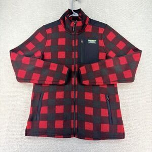 L.L. Bean Fleece Jacket Womens Small Red Black Buffalo Plaid Full Zip Outdoor